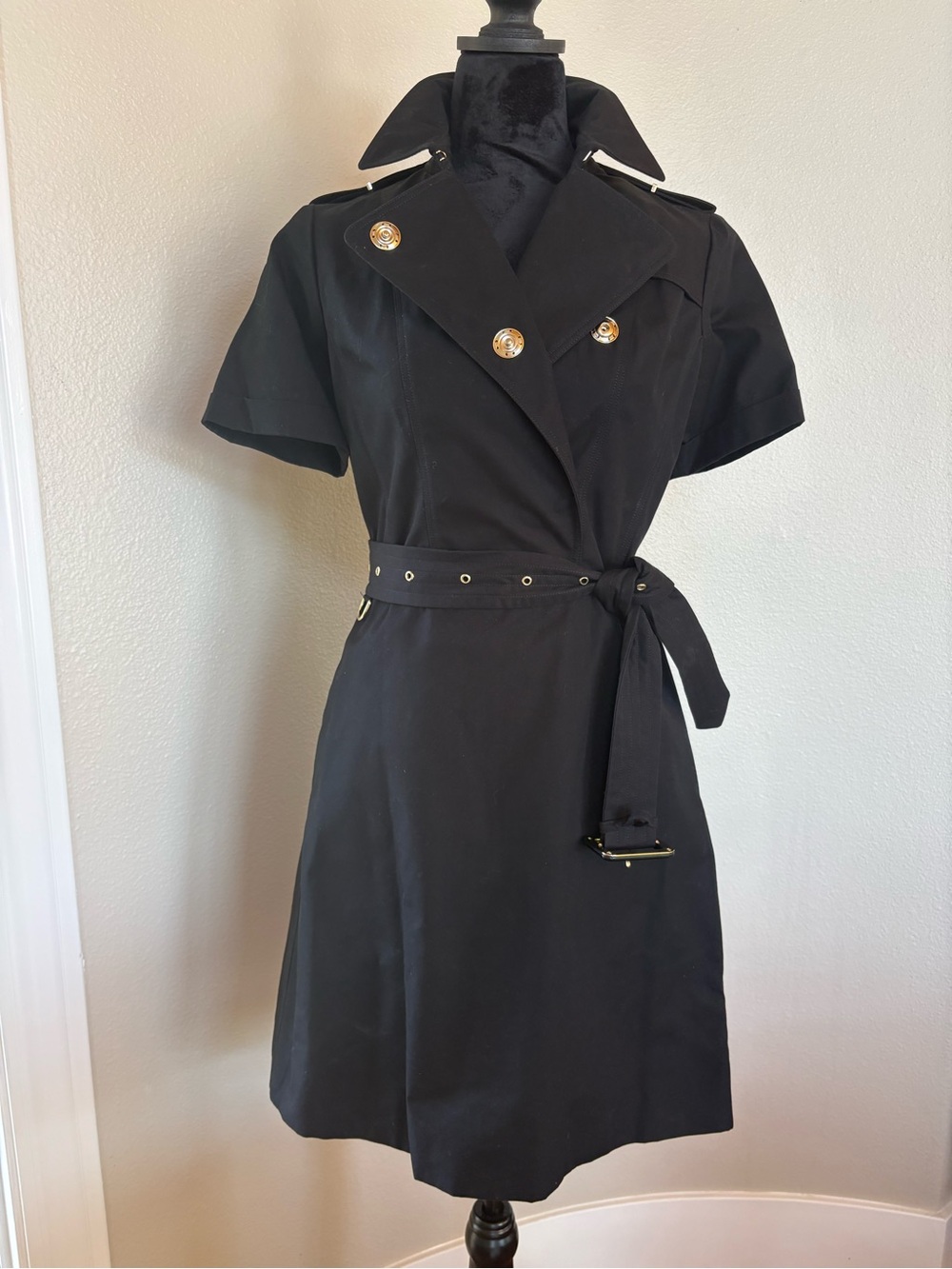 Burberry Black Short-Sleeve Trench-Style Mini Dress with Belt